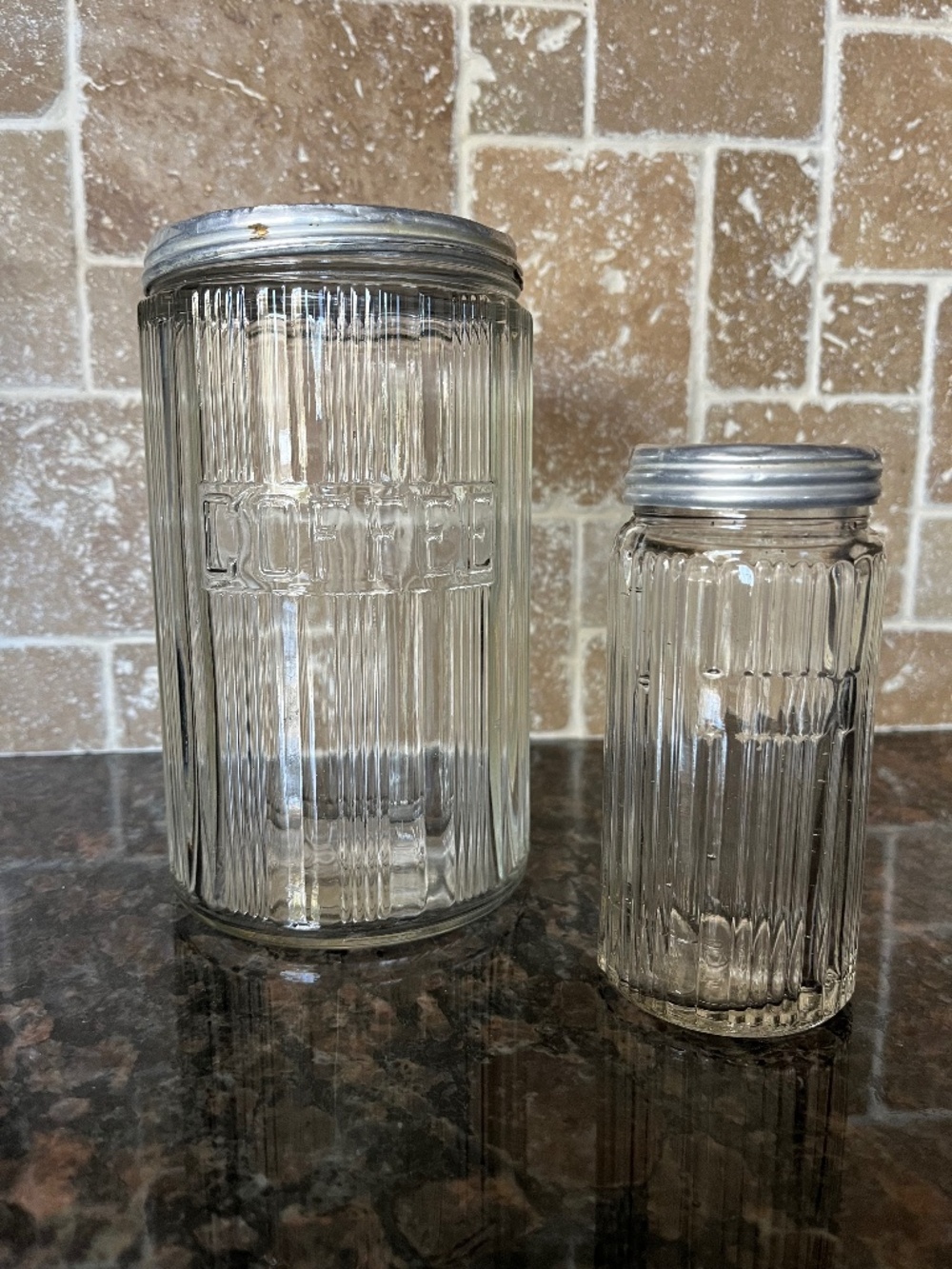 Vintage Art Deco Glass Embossed Coffee Jar with Aluminum Lid and Partner